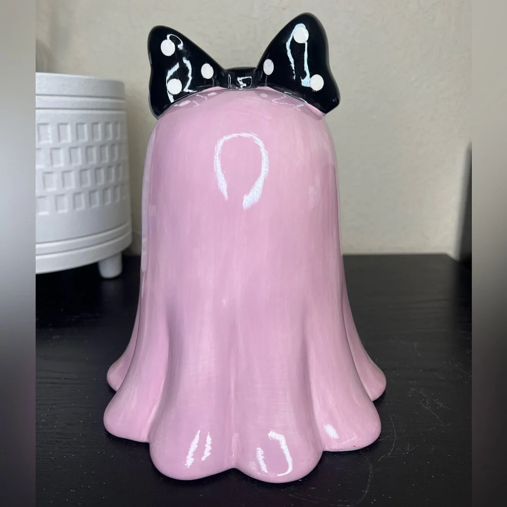 NEW Ceramic Iridescent Pink Ghost Girl with Black Polka Dot Bow